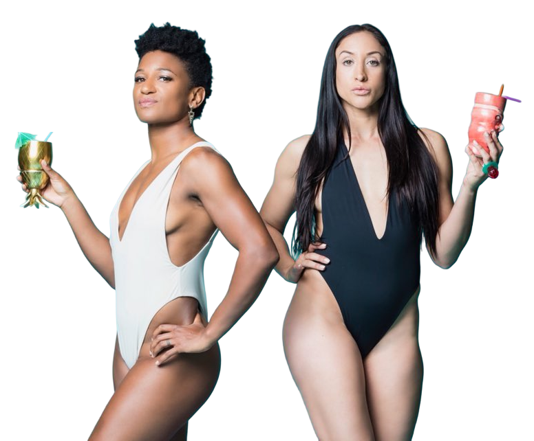 Two women in swimsuits holding drinks